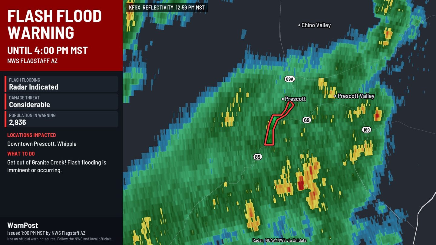 WarnPost Flash Flood Warning flyer near Prescott