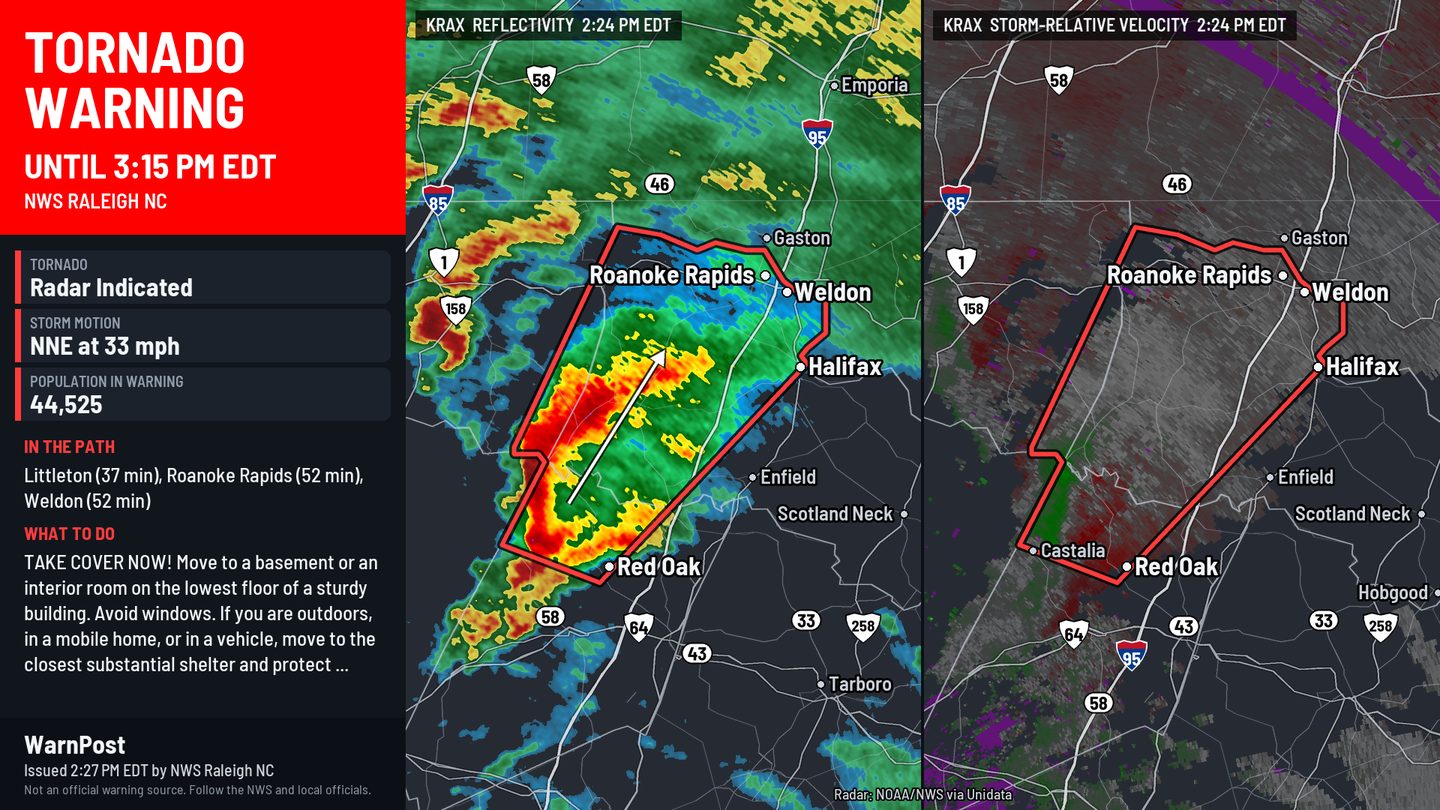 WarnPost Tornado Warning flyer for NWS Raleigh with reflectivity and velocity side by side